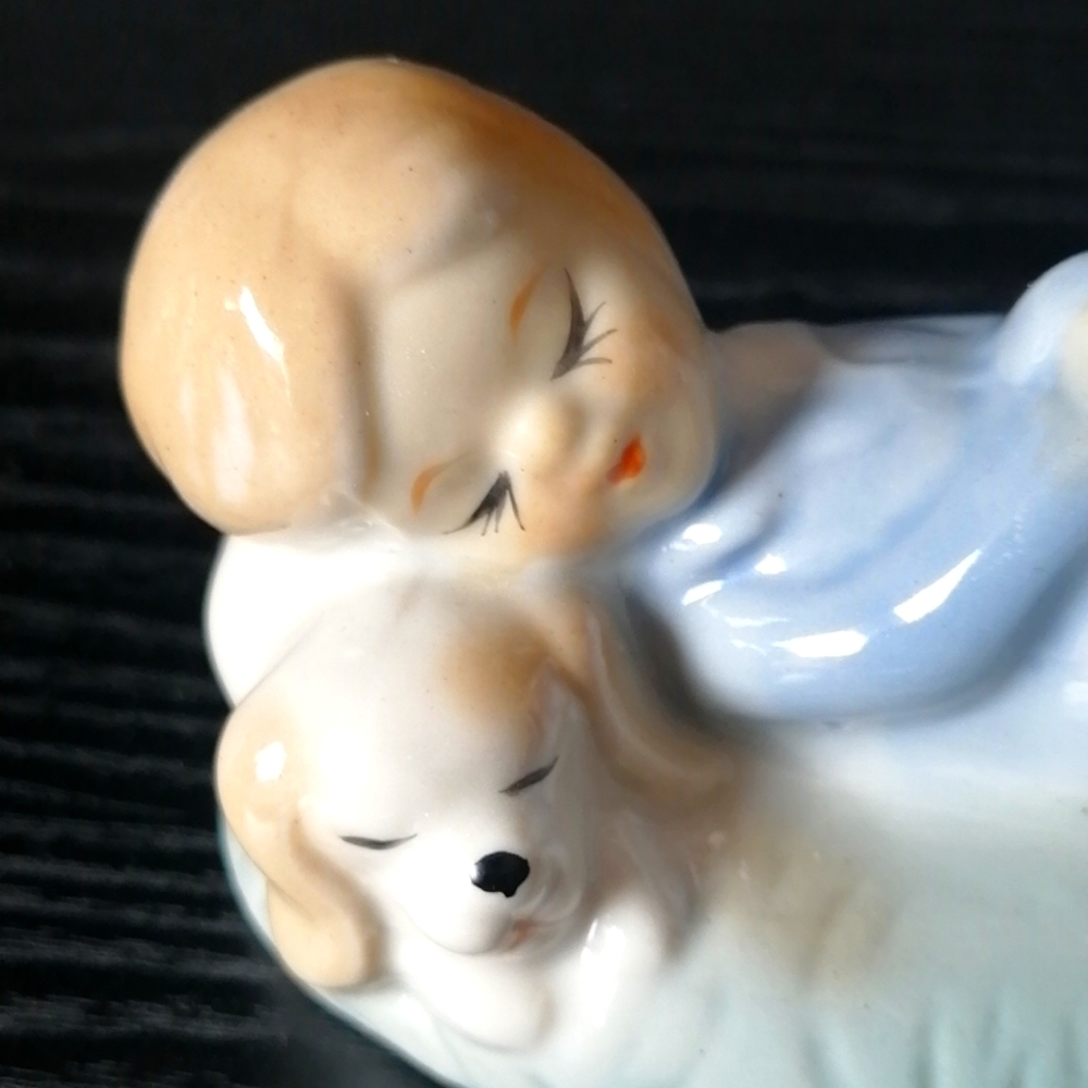Vintage Ceramic Sleeping Dog Figurine with Sleeping Child Blue/Off-White/Tan